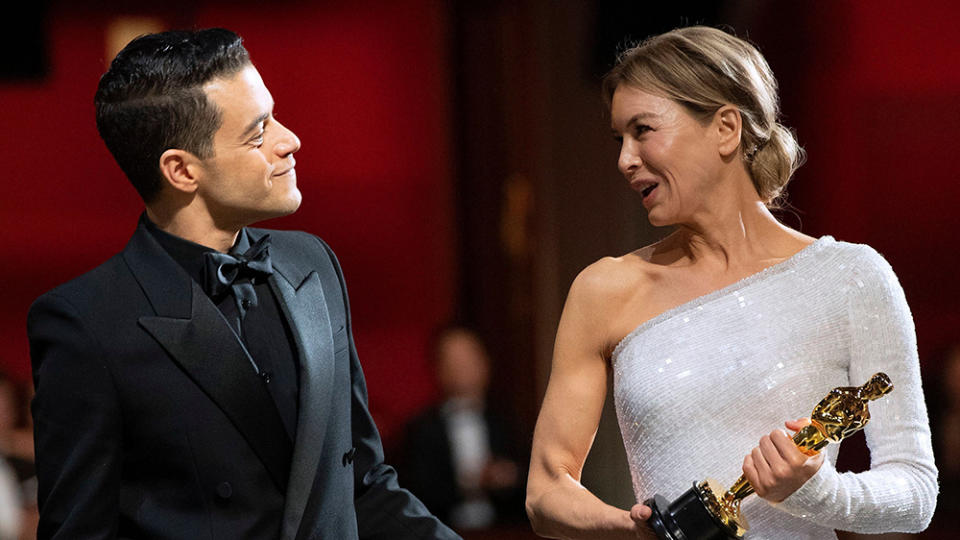 FOR EDITORIAL USE ONLY. No marketing or advertising is permitted without the prior consent of A.M.P.A.S.
Mandatory Credit: Photo by A.M.P.A.S./Shutterstock (10551201uh)
Rami Malek and Renee Zellweger - Leading Actress - Judy
92nd Annual Academy Awards, Backstage, Los Angeles, USA - 09 Feb 2020