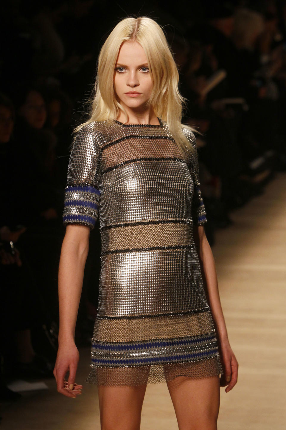 A model wears a creation by Indian designer Manish Arora for Paco Rabanne Fall-Winter, ready-to-wear 2013 fashion collection, during Paris Fashion week, Tuesday, March 6, 2012. (AP Photo/ Francois Mori)