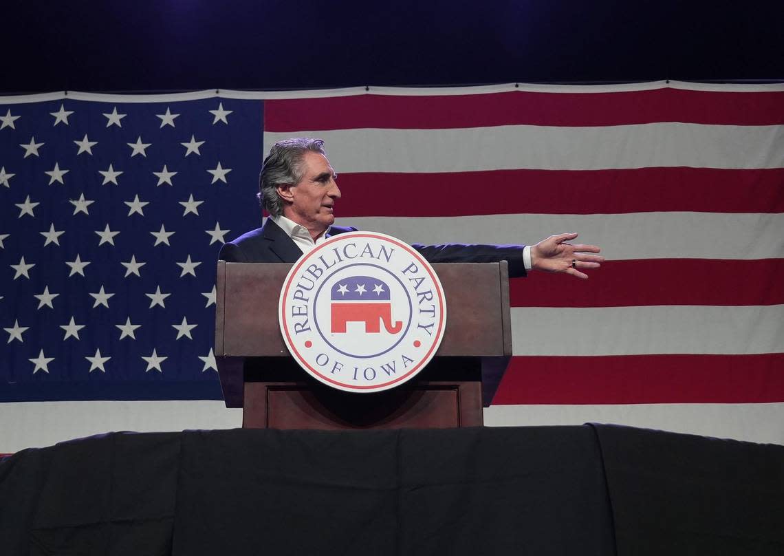 North Dakota Gov. Doug Burgum, a Republican candidate hopeful for U.S. president, speaks during the Lincoln Dinner on Friday, July 28, 2023, at the Iowa Events Center in Des Moines.
