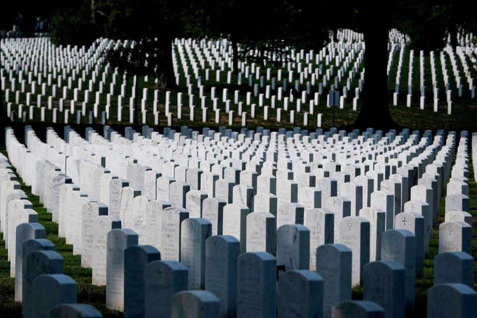 Headstones line the rolling hills of Arlington National Cemetery where Republican presidential nominee and former U.S. President Donald Trump attended a ceremony on Monday in Arlington, Virginia. (Kevin Carter / Getty Images)