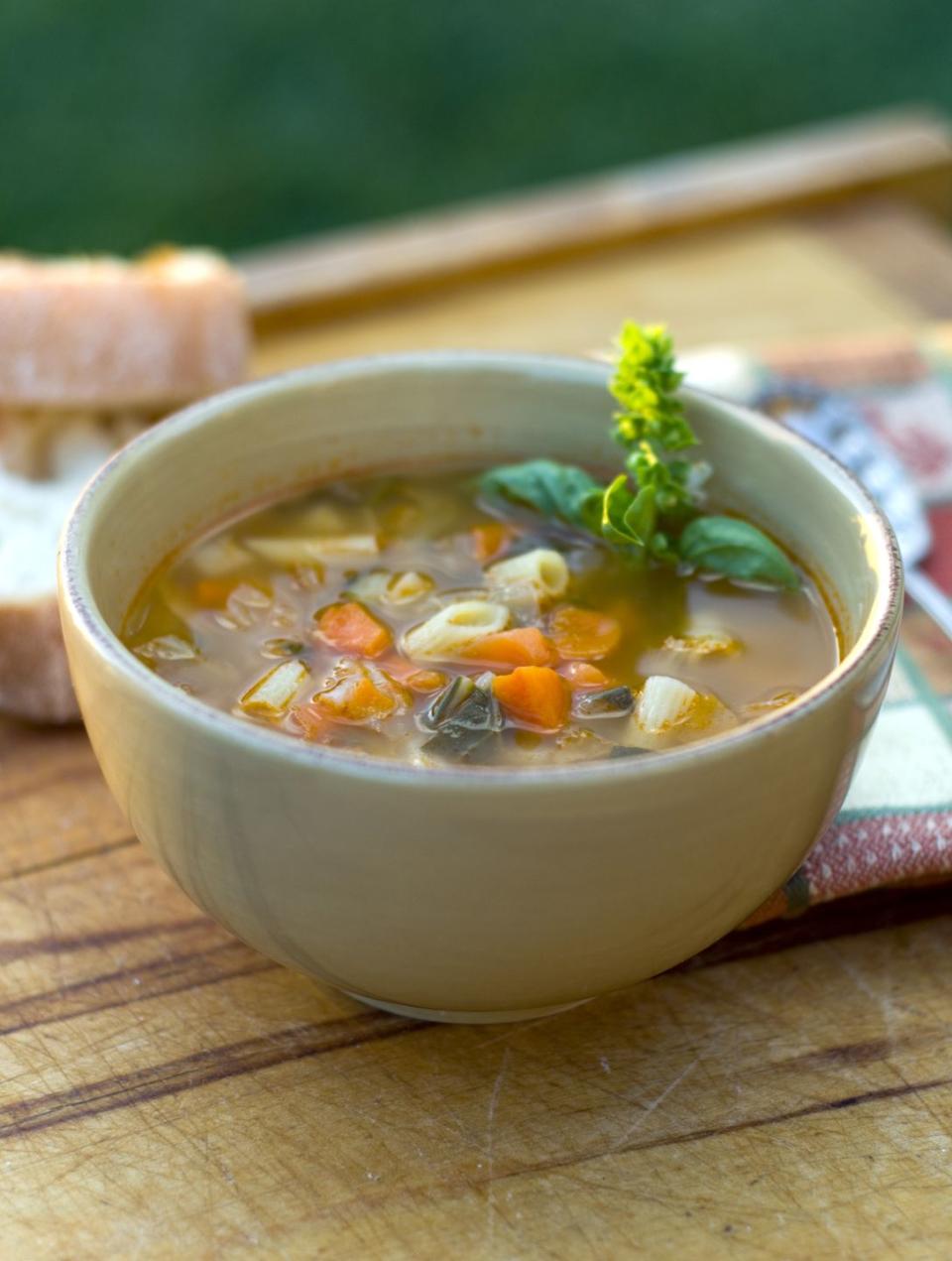 <p><strong>Opt for a brothy soup like minestrone that has a ton of vegetables to help keep you fueled and satisfied.</strong> Read more about our <a href="https://www.goodhousekeeping.com/food-products/g32613278/best-canned-soups/" rel="nofollow noopener" target="_blank" data-ylk="slk:favorite healthy soup brands here;elm:context_link;itc:0;sec:content-canvas" class="link ">favorite healthy soup brands here</a>.</p>