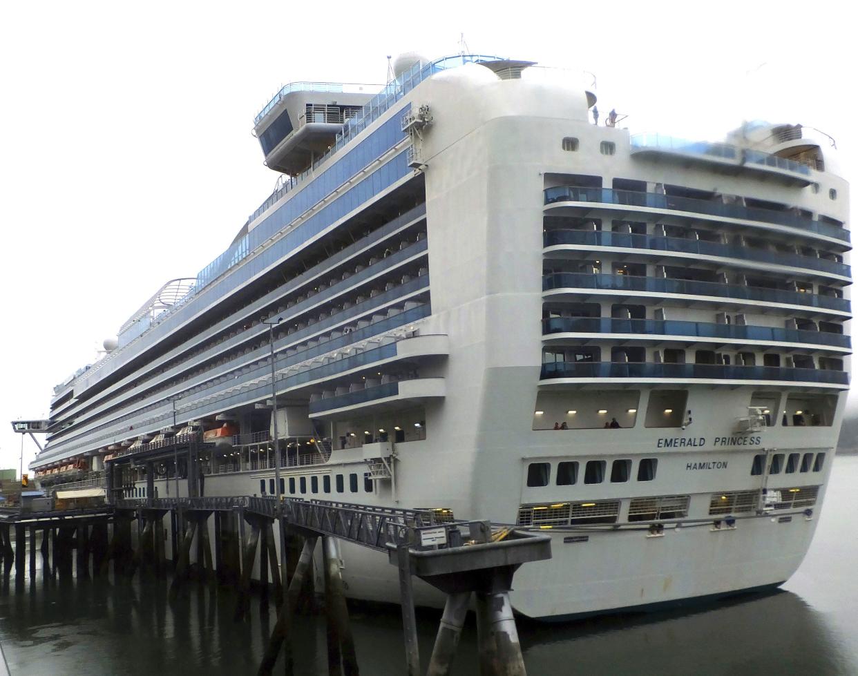 This July 26, 2017 file photo shows the Emerald Princess cruise ship docked in Juneau, Alaska. A federal judge on Thursday, June 3, 2021, in Juneau, Alaska, sentenced Kenneth Manzanares charged with first-degree murder to 30 years in prison for the beating death of his wife, Kristy Manzanares while aboard the ship on a cruise to Alaska.