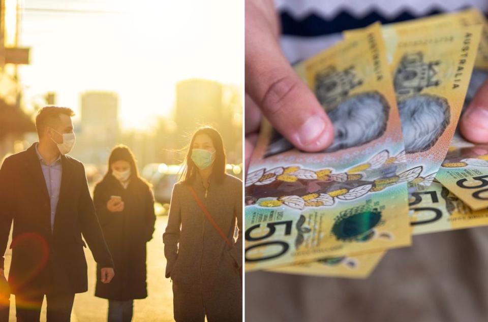 Compilation image of people walking to work and a hand fanning out $50 notes to represent tax and money