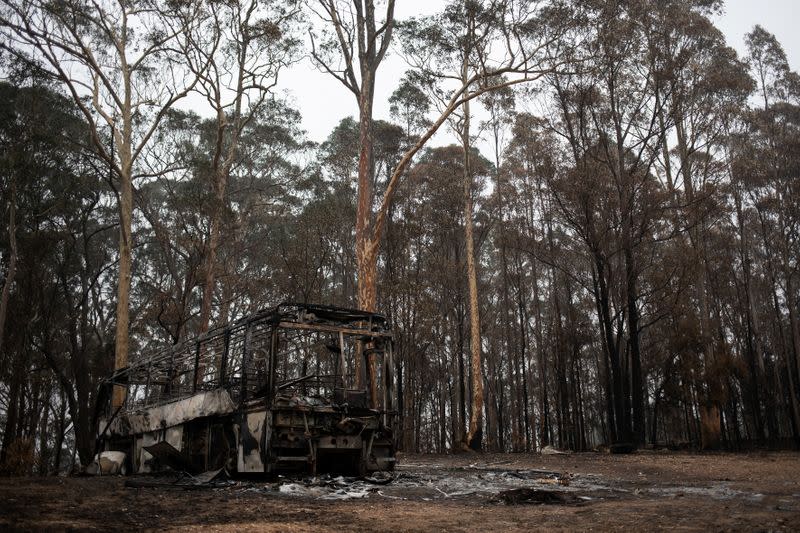 A destroyed bus is seen next to burnt bushland in the village of Mogo