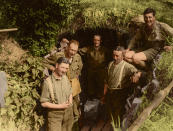 <p>British soldiers in a German trench, Messines, Belgium, 1917. (Tom Marshall/mediadrumworld.com) </p>