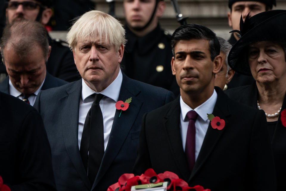 Former prime minister Boris Johnson and Prime Minister Rishi Sunak during the Remembrance Sunday service at the Cenotaph in London. Picture date: Sunday November 13, 2022.