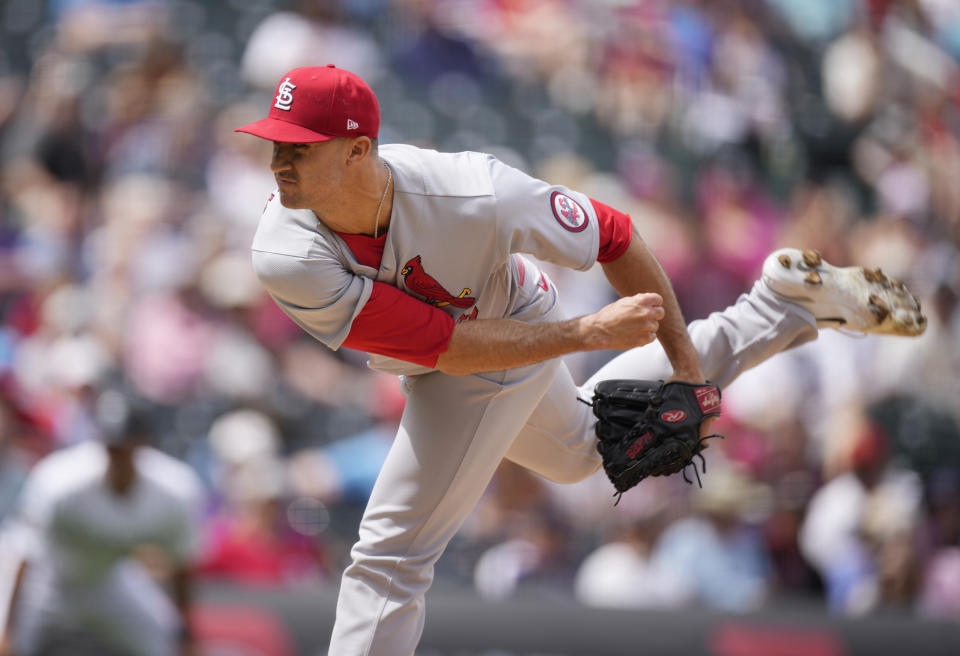 St. Louis Cardinals starting pitcher Jack Flaherty works against the Colorado Rockies in the first inning of a baseball game Wednesday, April 12, 2023, in Denver. (AP Photo/David Zalubowski