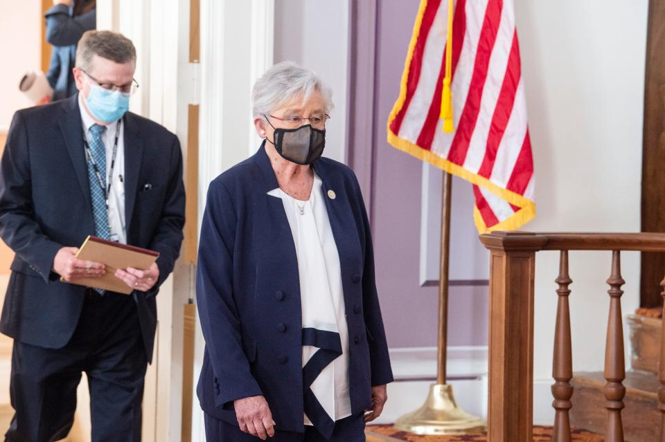 File photo shows Gov. Kay Ivey and State Health Officer Scott Harris arrive during a COVID press conference at the Alabama State Capitol earlier this year. Ivey earlier this year authorized $13 million to help hospitals with staffing. That money is starting to expire.