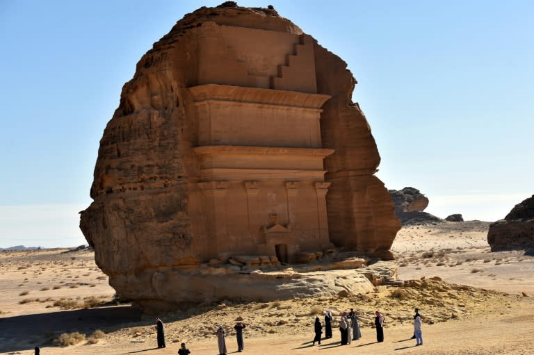 The Qasr al-Farid tomb (The Lonely Castle) carved into rose-coloured sandstone in Madain Saleh, a UNESCO World Heritage site in Saudi Arabia's Al-Ula governorate