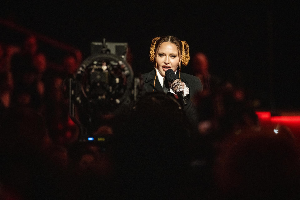 Madonna speaks during the 65th GRAMMY Awards at Crypto.com Arena on February 05, 2023 in Los Angeles, California.  / Credit: Timothy Norris/FilmMagic via Getty Images