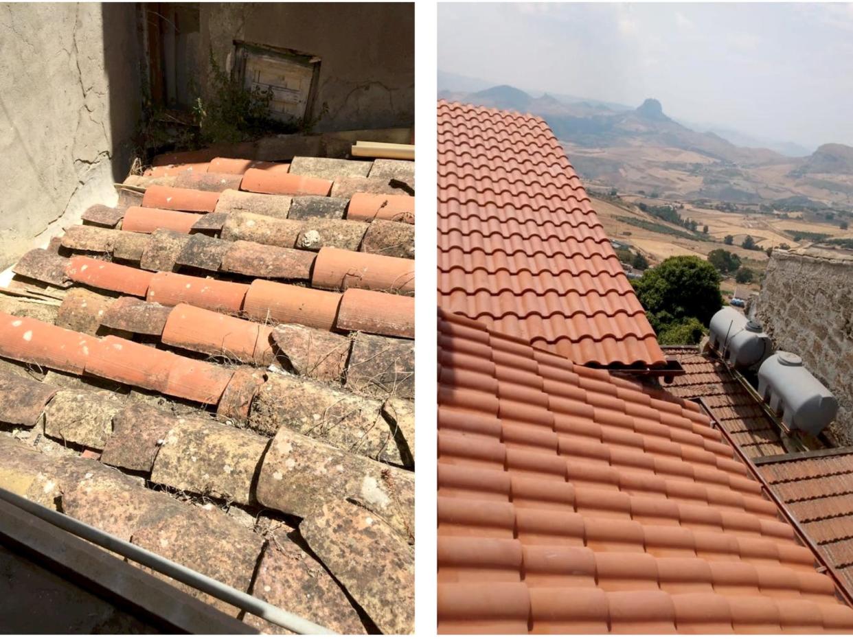 A collage showing the roof on one of her houses before and after restoration.