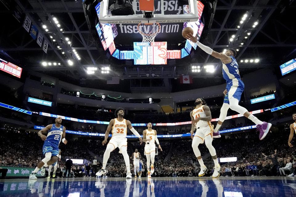 Milwaukee Bucks' Giannis Antetokounmpo shoots during the second half of an NBA basketball game against the Atlanta Hawks Saturday, Dec. 2, 2023, in Milwaukee. The Bucks won 132-121. (AP Photo/Morry Gash)