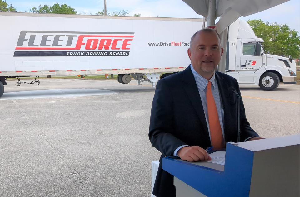 Daytona State College President Tom LoBasso announces the addition of FleetForce Truck Driving School to the Advanced Technology College in Daytona Beach on Tuesday, March 28, 2023.