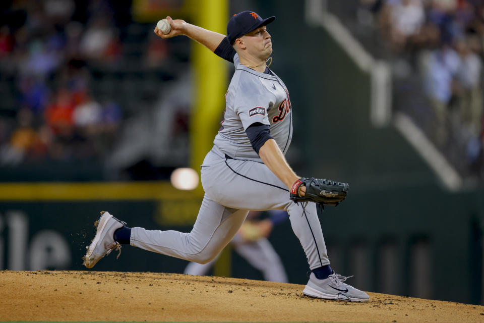 Detroit Tigers starting pitcher Tarik Skubal delivers during the first inning of a baseball game against the Texas Rangers, Monday, June 3, 2024, in Arlington, Texas. (AP Photo/Gareth Patterson)