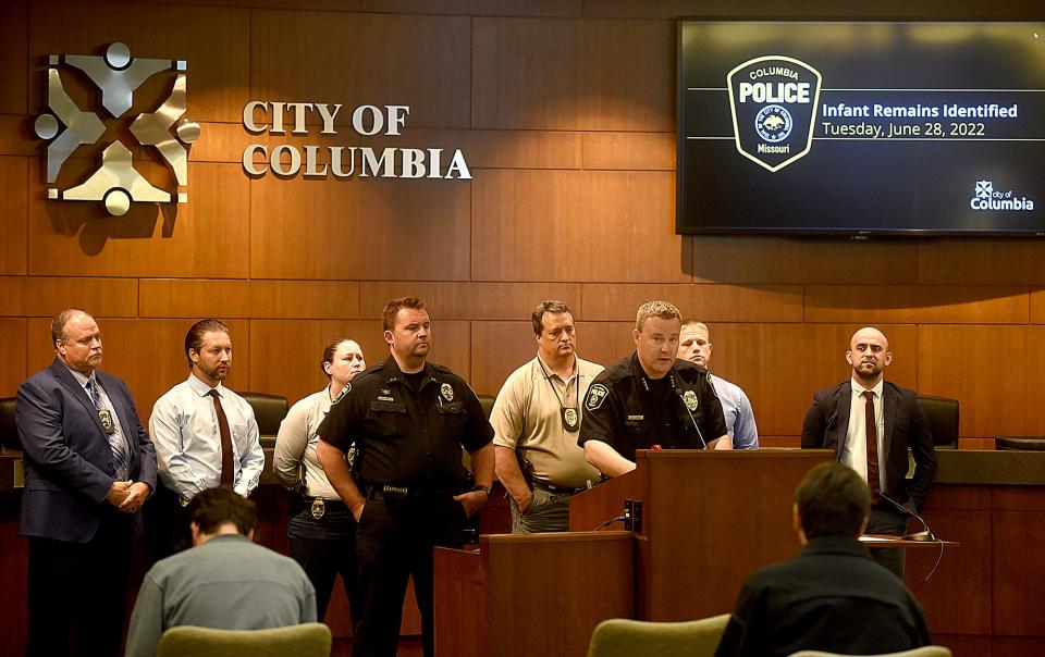 Columbia Police Chief Geoff Jones along with several detectives on Tuesday announces the arrest of two people connected to the death of an infant whose remains were found in August 2019 near the 1900 block of N. Providence Road behind McKnight Tire Co. The infant has been identified as Samone J. Daniels.