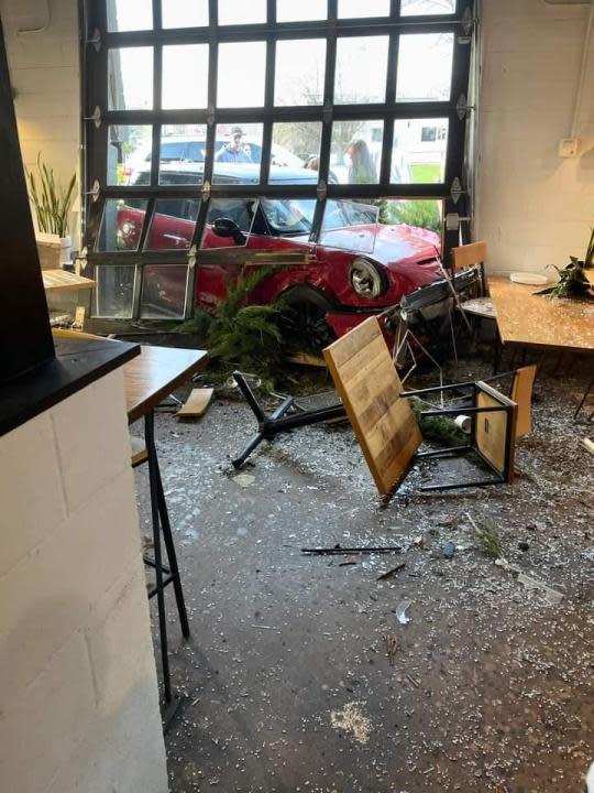 A car crashed into the Fox in the Snow cafe on April 8, 2024. (Courtesy Photo/Brent Deems)