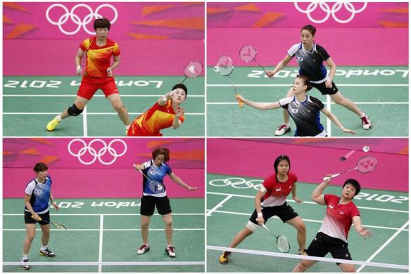 BADMINTON SCANDAL: A combination image shows the women's doubles pair of (clockwise from top left) China's Wang Xiaoli (L) and Yang Yu, South Korea's Jung Kyung Eun (Top) and Kim Ha Na, Indonesia's Greysia Polii and Meiliana Jauhari and South Korea's Ha Jung-eun (L) and Kim Min-jung during their matches during the London 2012 Olympics.