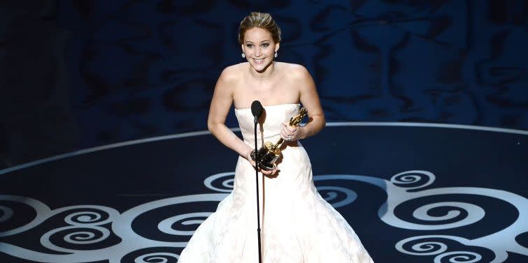 hollywood, ca february 24 actress jennifer lawrence accepts the best actress award for silver linings playbook during the oscars held at the dolby theatre on february 24, 2013 in hollywood, california photo by kevin wintergetty images