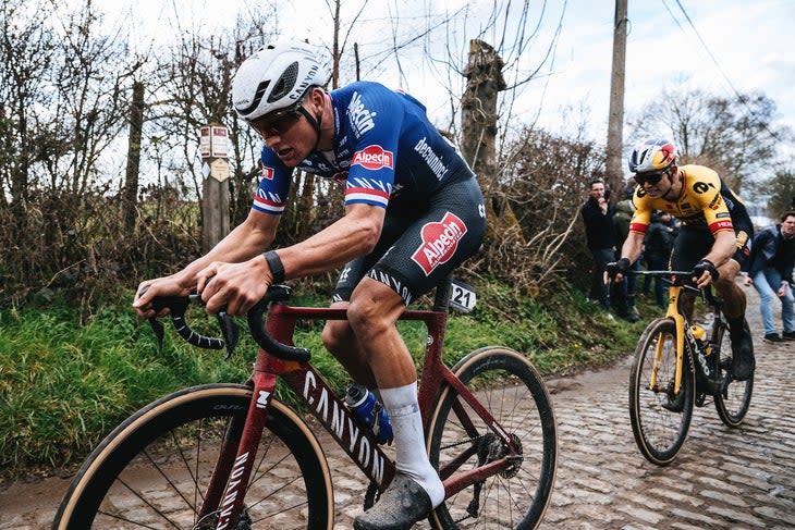 <span class="article__caption">Van der Poel looked stronger than Van Aert at E3, but lost in the sprint.</span> (Photo: Gruber Images/VeloNews)