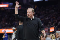 Milwaukee Bucks head coach Mike Budenholzer gestures during the first half of his team's NBA basketball game against the Golden State Warriors in San Francisco, Saturday, March 12, 2022. (AP Photo/Jeff Chiu)