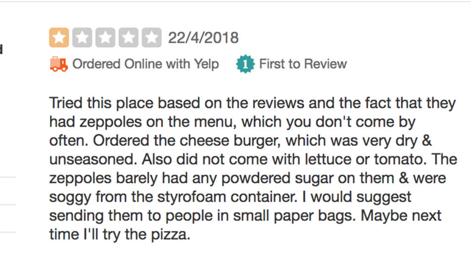 Ms Callahan later updated the review to one-star after an unexpected late-night encounter. Source: Yelp