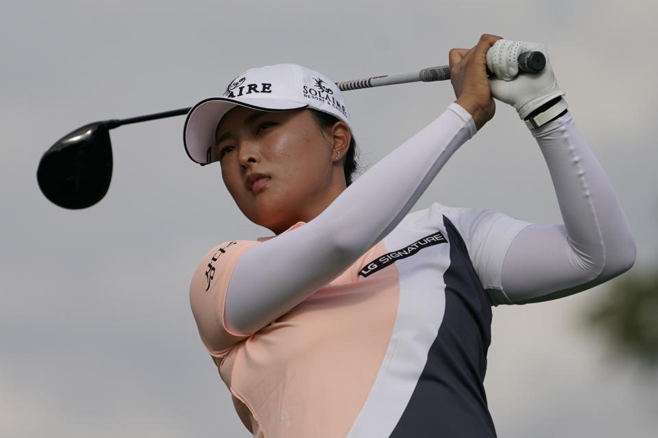 Jin Young Ko, of South Korea, hits off the 11th tee in the second round of the Cognizant Founders Cup LPGA golf tournament, Friday, Oct. 8, 2021, in West Caldwell, N.J. (AP Photo/John Minchillo)