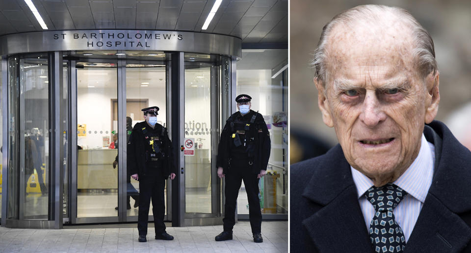 Police officers stand outside the main entrance of St Bartholomew's Hospital where Britain's Prince Philip is being treated, in London.