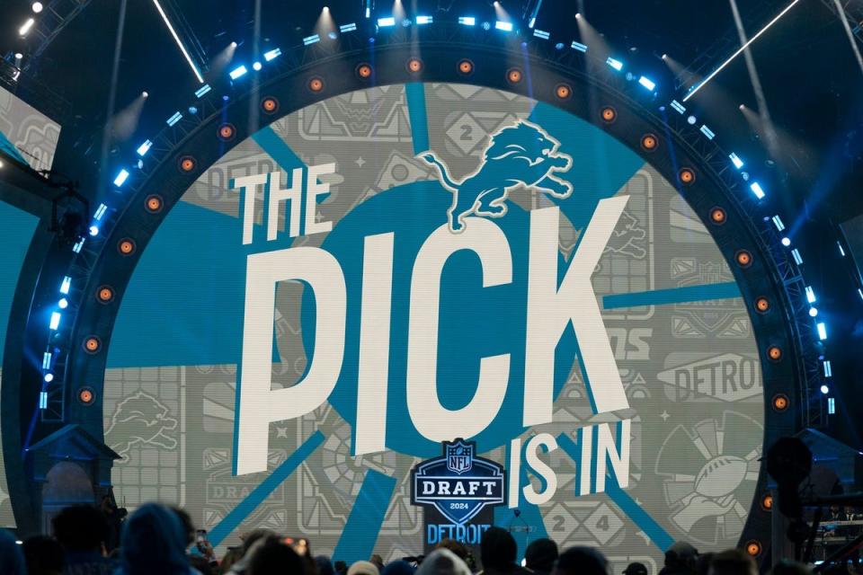 The pick is in for Terrion Arnold, cornerback from Alabama, for the Detroit Lions in the main theater on Thursday, April 25, 2024 for the first round of the NFL draft in Detroit.
