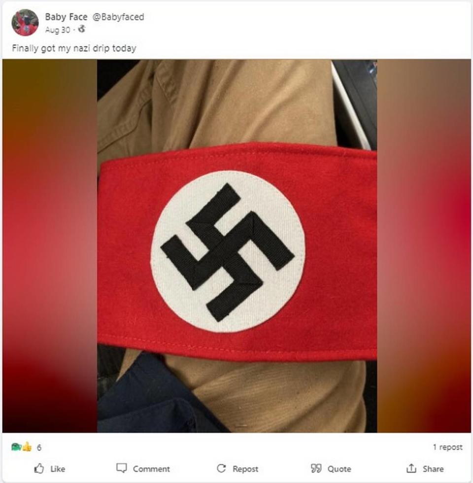 A user on the social media site Gab posted this photo of a Nazi armband. In October, the same user posted photos of a group in Nazi gear standing outside of Fort Worth’s Will Rogers Memorial Center.