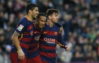 Football Soccer - Barcelona v Real Sociedad - Spanish Liga BBVA - Camp Nou, Barcelona, Spain - 28/11/15 Barcelona's Neymar celebrates scoring the third goal with team mates Luis Suarez and Lionel Messi REUTERS/Albert Gea