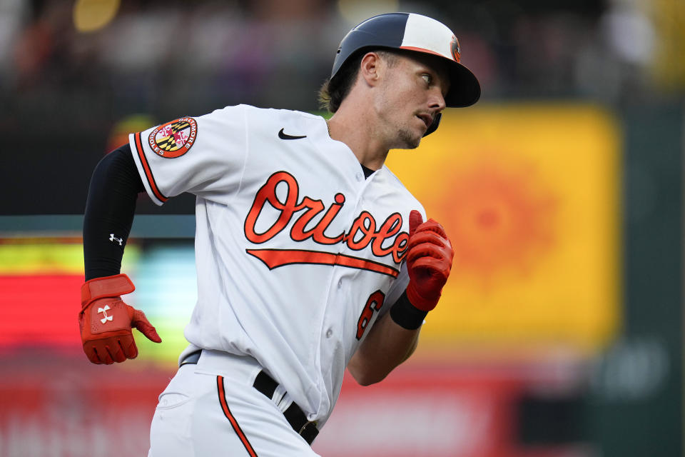 Baltimore Orioles' Ryan Mountcastle runs the bases after hitting a solo home run off New York Yankees starting pitcher Clarke Schmidt during the second inning of a baseball game, Saturday, July 29, 2023, in Baltimore. (AP Photo/Julio Cortez)