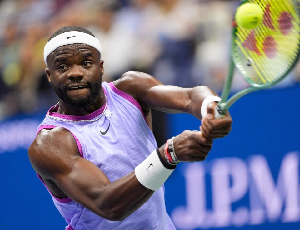 Sept 6, 2024; Flushing, NY, USA;    Frances Tiafoe (USA) hits to Taylor Fritz (USA) on day twelve of the 2024 U.S. Open tennis tournament at USTA Billie Jean King National Tennis Center. Mandatory Credit: Robert Deutsch-Imagn Images (USA TODAY Sports via Reuters Con)