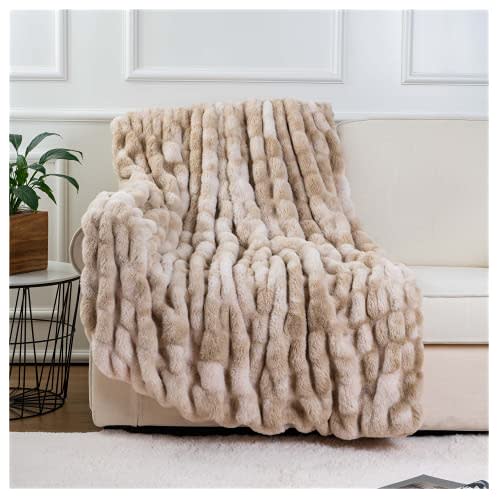 BATTILO HOME Ruched Luxurious Soft Beige Faux Fur Throw Blanket Fuzzy Plush Elegant with Reversible Mink Blanket for Sofa,Chair, Couch, Living Room, Home Decorative Blanket Tie dye (Beige, 50