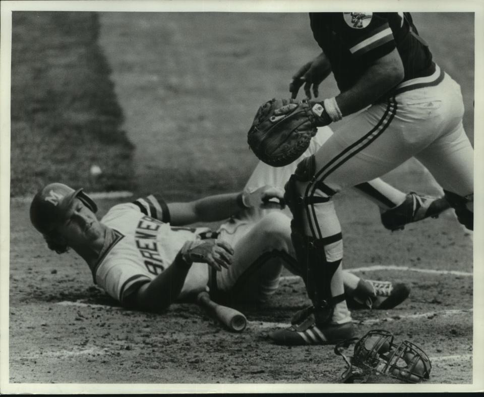 Robin Yount gets brushed back by Wayne Garland's pitch in the second inning of a game in 1977.