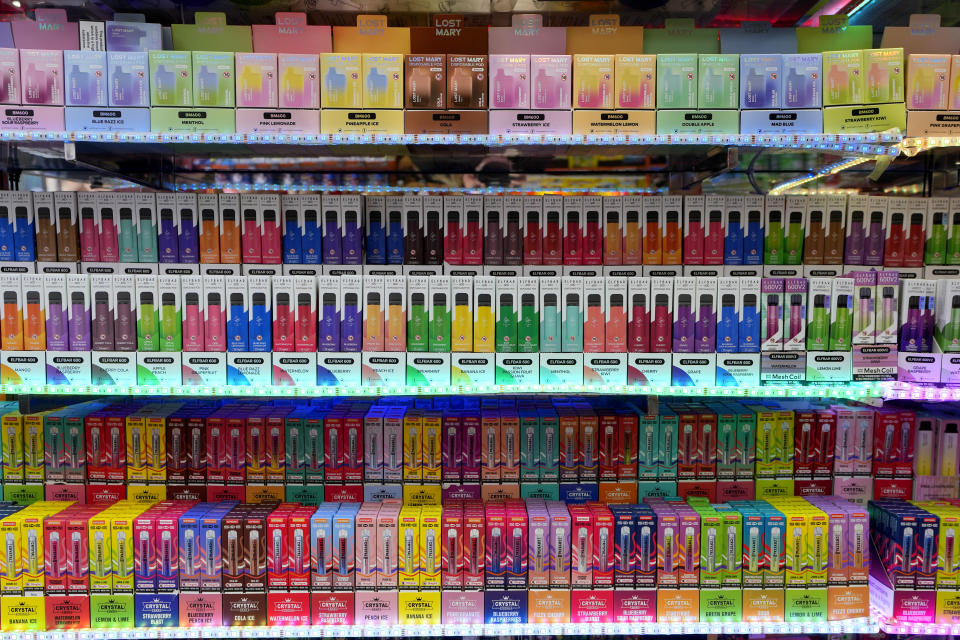 A selection of colourful disposable vapes on display for sale in a souvenir shop in London, Monday, Jan. 29, 2024. The British government says it will ban the sale of disposable vapes and limit their cornucopia of flavors in an effort to prevent children becoming addicted to nicotine. It also says it will stick to a contentious proposal to ban today’s young people from ever buying cigarettes. (AP Photo/Kirsty Wigglesworth)