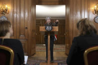 <p>Britain’s Prime Minister Theresa May during a press conference in 10 Downing Street, London, Saturday, April 14, 2018. British Prime Minister Theresa May says the need to act quickly and protect âoperational securityâ led her to strike Syria without a prior vote in Parliament. (Photo: Simon Dawson/Pool Photo via AP) </p>