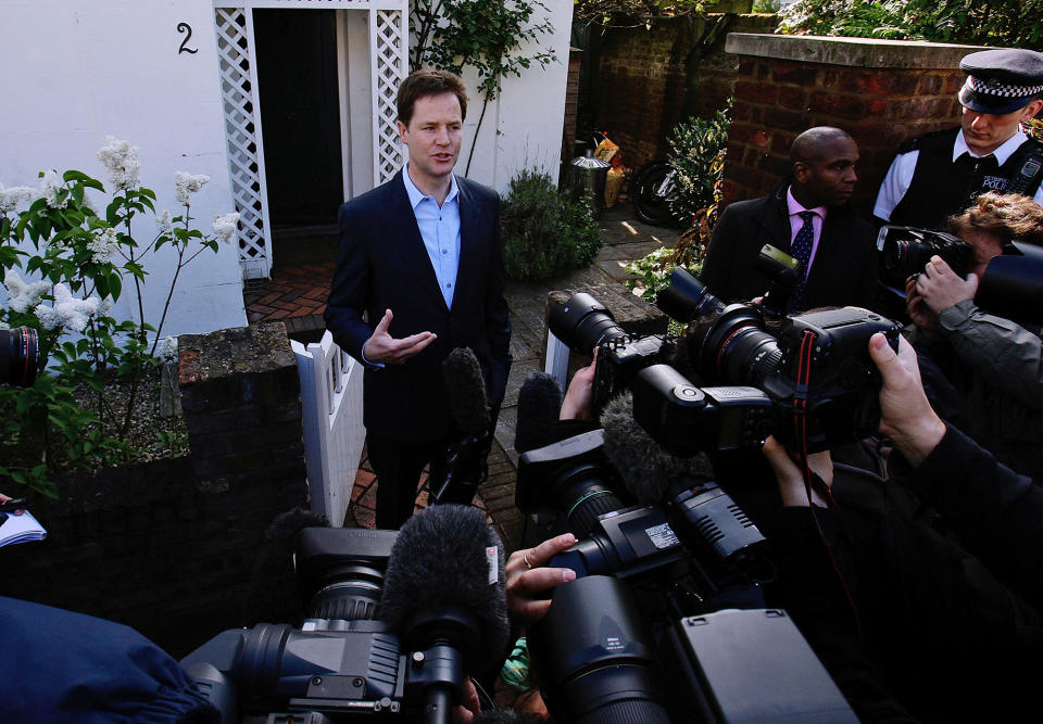Nick Clegg speaks as Britain's Liberal Democrat leader to the media outside his home in London in 2010.