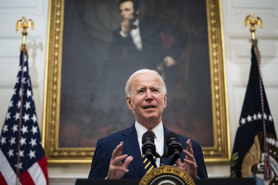 WASHINGTON, DC - JANUARY 22:  President Joe R. Biden speaks about the economy before signing executive orders in the State Dining Room at the White House on Friday, Jan 22, 2021 in Washington, DC. (Photo by Jabin Botsford/The Washington Post via Getty Images)