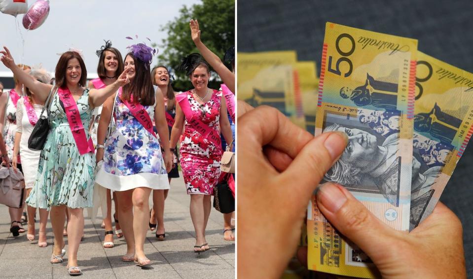 Compilation image of hens party walking down a street with pink sashes and hands counting out $50 notes.