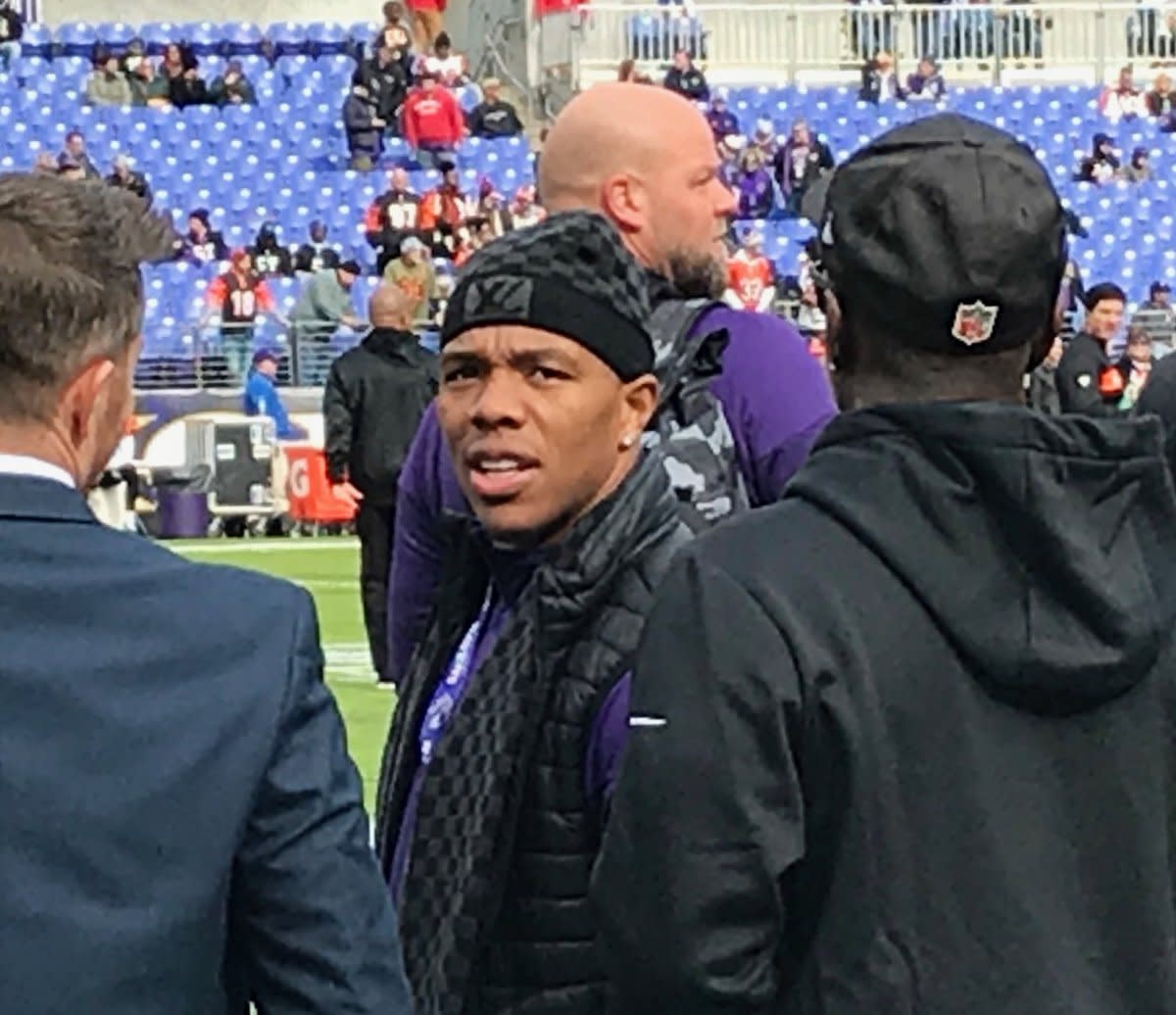 Ray Rice was on the field before the Ravens’ game against Cincinnati on Sunday. (Mark Viviano/Twitter)