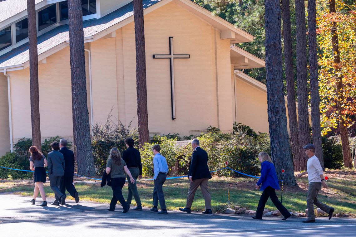 Mourners gather for the funeral of Susan Karnatz, 49, at North Raleigh Presbyterian Church Saturday, Oct. 22, 2022. Karnatz was one of 5 people killed during a mass shooting Thursday, October 13 in Raleigh’s Hedingham neighborhood and on the nearby Neuse River Trail greenway.