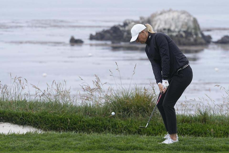 Anna Nordqvist, of Sweden, hits to the fourth green during a practice round for the U.S. Women's Open golf tournament at the Pebble Beach Golf Links, Tuesday, July 4, 2023, in Pebble Beach, Calif. (AP Photo/Darron Cummings)