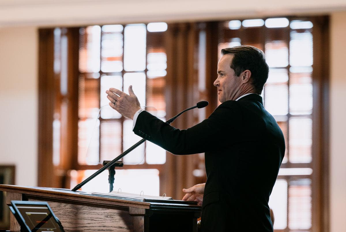 Dade Phelan addresses the floor after being elected for his second term as Speaker of the House on the opening day of the 88th legislature on Jan 10, 2023.