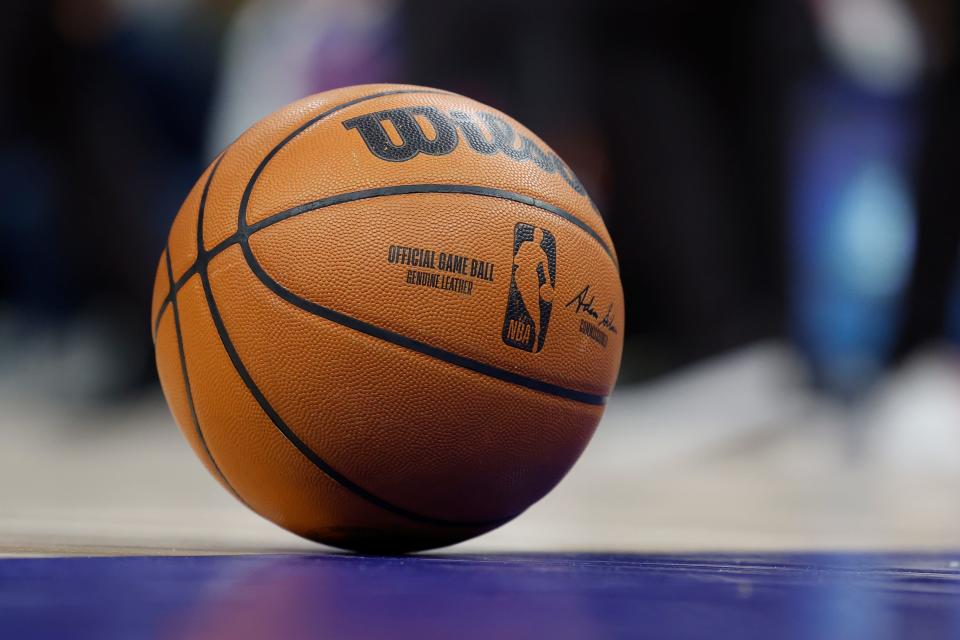 Basketball sits on the court during the first half March 13, 2022, of the game between the Detroit Pistons and the LA Clippers at Little Caesars Arena.