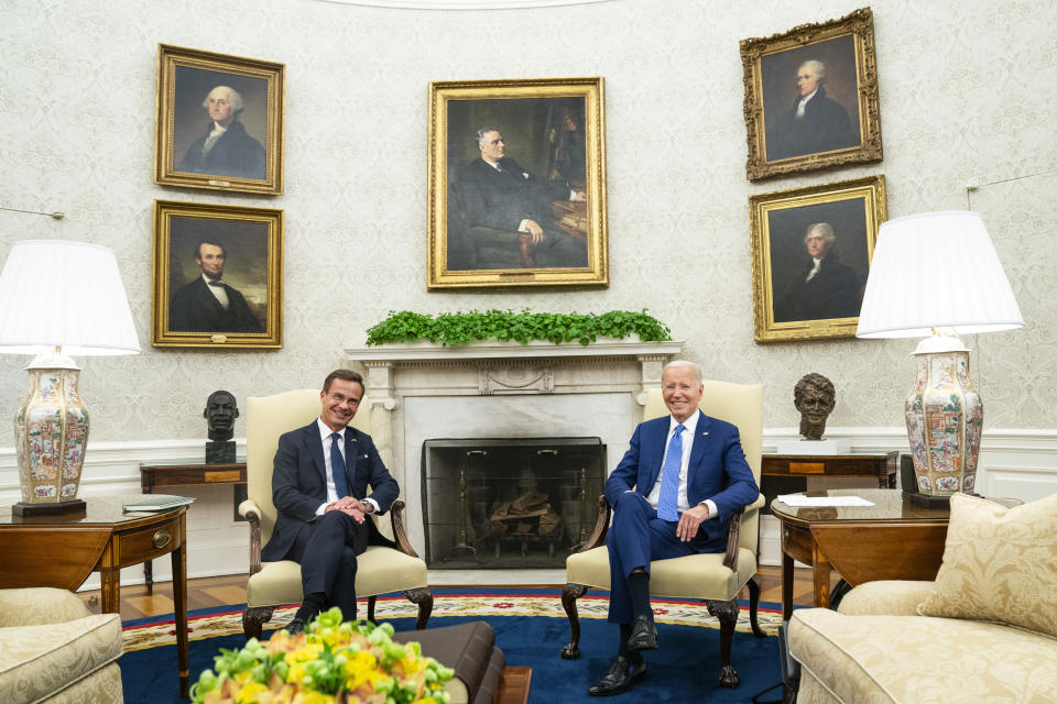 FILE - President Joe Biden meets with Swedish Prime Minister Ulf Kristersson in the Oval Office of the White House, Wednesday, July 5, 2023, in Washington. (AP Photo/Evan Vucci, File)
