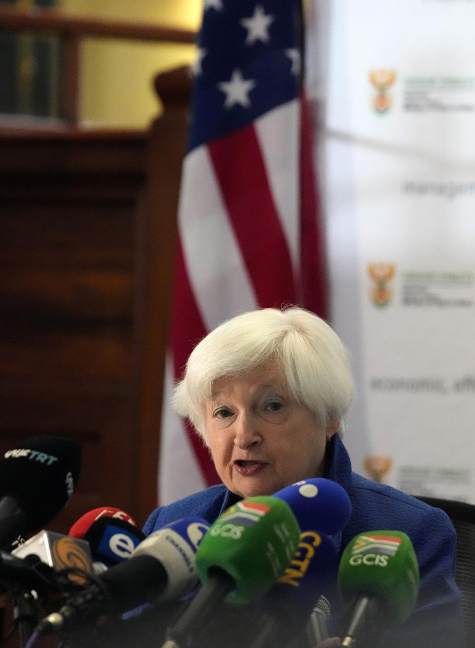 U.S. Treasury Secretary Janet Yellen speaks during her meeting with South Africa's Minister of Finance Enoch Godongwana at the National Treasury in Pretoria, South Africa, Thursday, Jan. 26, 2023. Yellen is on a 10-day tour of Africa, part of a push by the Biden administration to engage more with the world's second-largest continent. (AP Photo/Themba Hadebe)