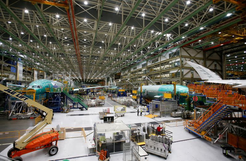 FILE PHOTO: Several Boeing 777X aircraft are seen in various stages of production during a media tour of the Boeing 777X at the Boeing production facility in Everett,