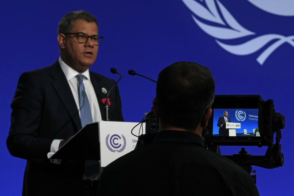 Alok Sharma President of the COP26 summit speaks on Energy at the COP26 U.N. Climate Summit in Glasgow, Scotland, Thursday, Nov. 4, 2021. The U.N. climate summit in Glasgow gathers leaders from around the world, in Scotland's biggest city, to lay out their vision for addressing the common challenge of global warming. (AP Photo/Alastair Grant)