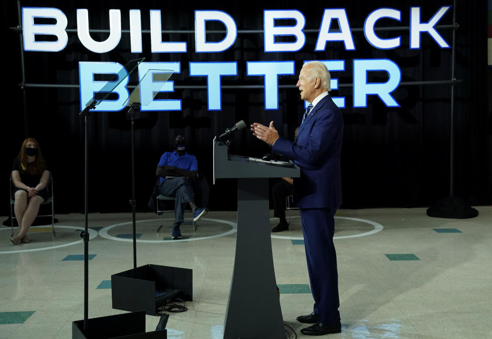 Joe Biden speaks about the third part of his four-part economic recovery plan to revive the coronavirus-battered U.S. economy during a campaign event in New Castle, Delaware, U.S., July 21, 2020. (Kevin Lamarque/Reuters)