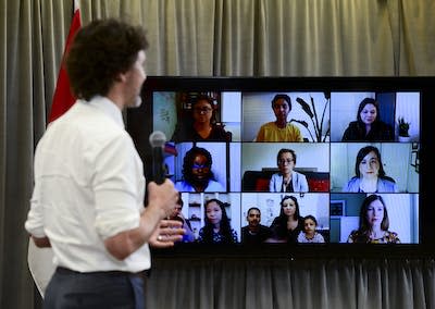 Prime Minister Justin Trudeau participates in a virtual conversation in Ottawa in May 2021 on the Canada Child Benefit. THE CANADIAN PRESS/Sean Kilpatrick